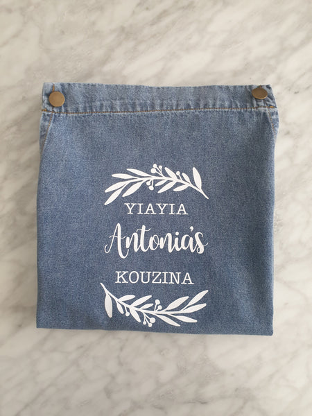 Personalised Denim Apron with Olive Leaf design