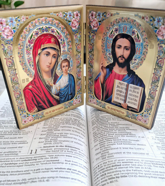 Wooden Diptych Of Virgin Mary and Christ The Teacher