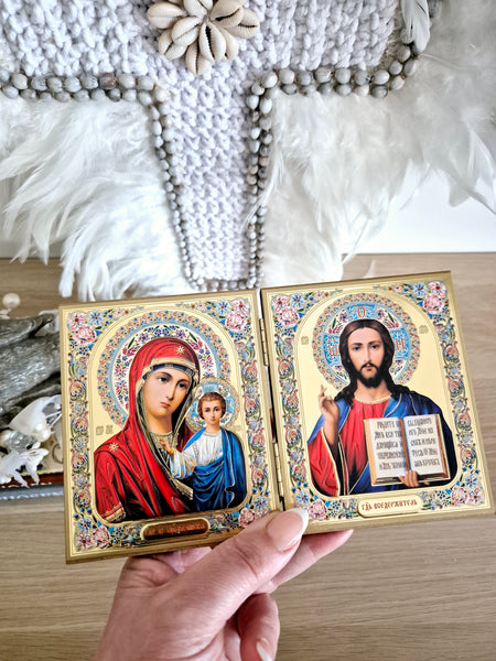 Wooden Diptych Of Virgin Mary and Christ The Teacher