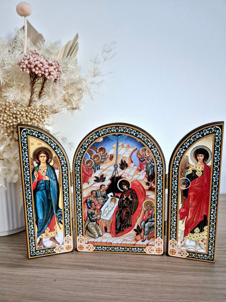 Nativity Icon Triptych With Archangel Michael and Gabriel