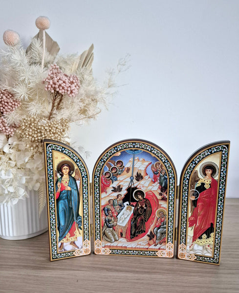 Nativity Icon Triptych With Archangel Michael and Gabriel