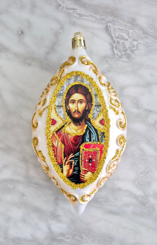 Christmas Ornament white & gold Orthodox icon of Jesus