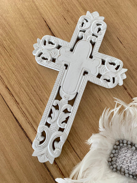 Carved Wooden White Cross - madamsousouevents 