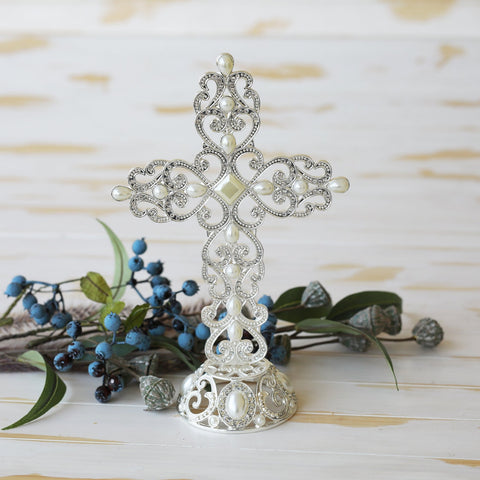 ORNATE PEARL CRYSTAL STYLE CROSS - madamsousouevents 