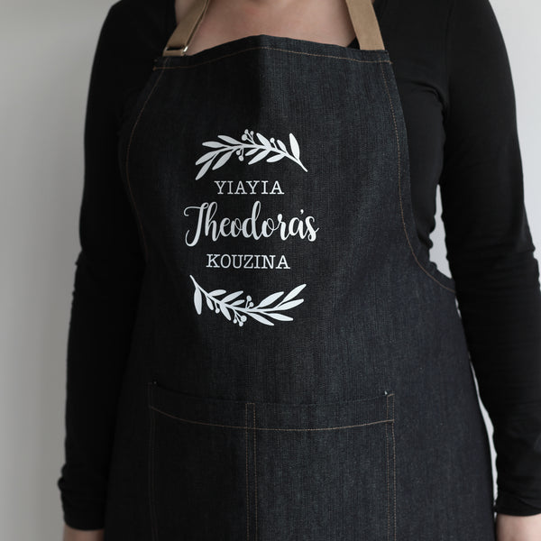 Personalised Denim Apron with Olive Leaf design - madamsousouevents 